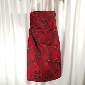 White House Black Market Sz 6 Red & Black Floral Strapless Dress Cocktail Party